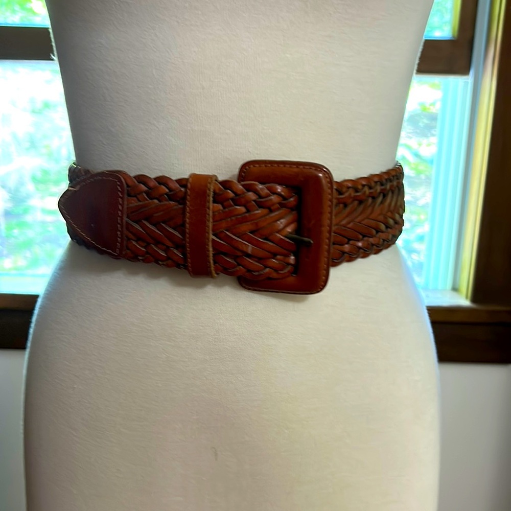 Brown woven leather belt made in Turkey; excellent condition; size S